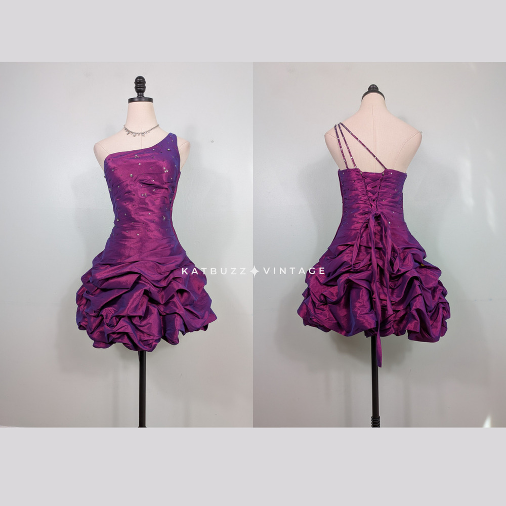 Vintage Prom Dress Mini Gown M Pink Purple Bubble Y2K Hoco Corset Bead Glam Bow